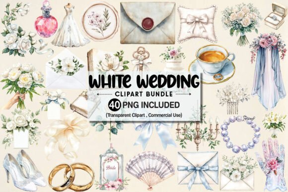 Elegant Watercolor White Wedding Design Bundle