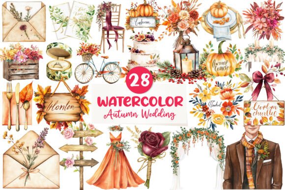 Watercolor Autumn Wedding Clipart for Seasonal Design Projects