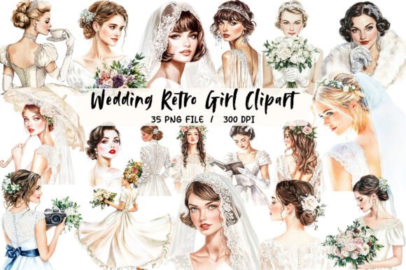 Wedding Retro Girl Clipart: Vintage Charm for Modern Projects